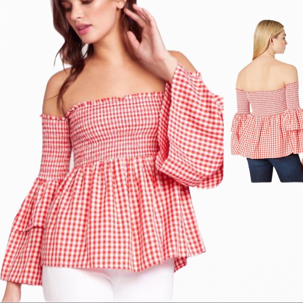 Jack BB Dakota Red Wht Gingham Off Shoulder top Sm